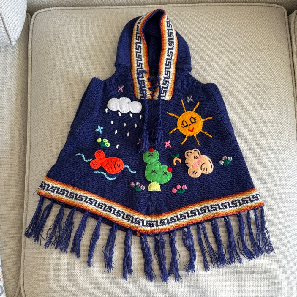 Boho Chic Peruvian Toddler Embroidered Hooded Poncho with Fringe